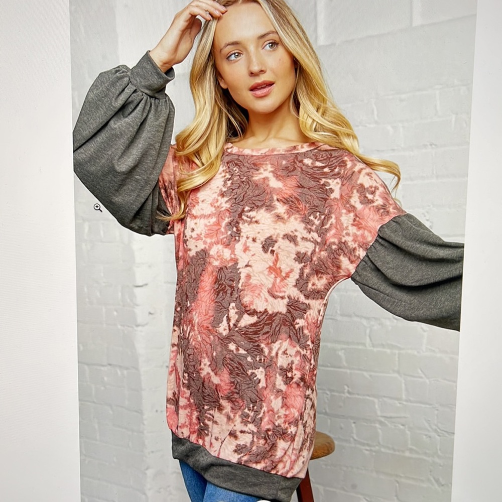 Haptics Pink and Gray Tie Dye Bubble Sleeve Knit Top Size 1X